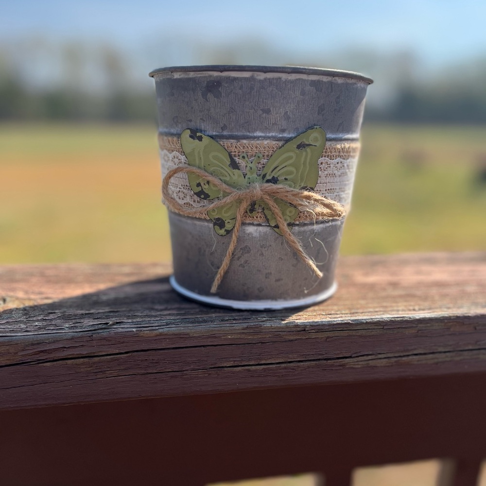 Rustic Metal Planter with Green Butterfly Accent
